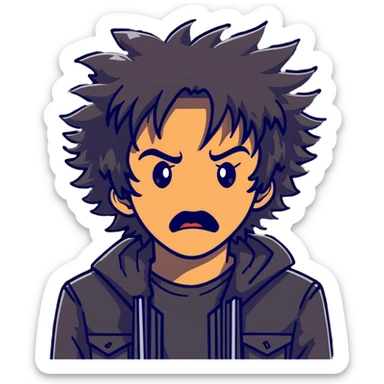 Wild artist with messy hair and dramatic expression, chaotic creative energy, surrounded by intense hellish artwork sticker