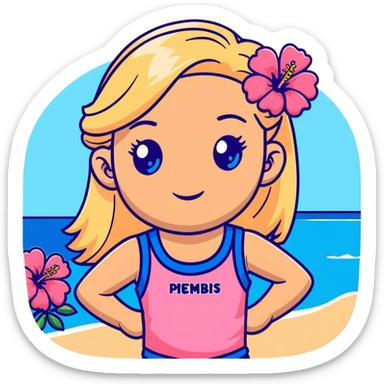 preppy coastal teen girl with blue eyes, beach blonde hair, tan skin, hibiscus flower in her ear, preppy beach outfit sticker