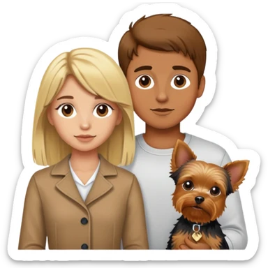 tan skin brown hair boy, blonde girl with yorkie sticker