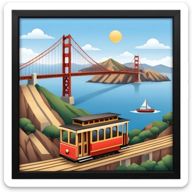 Make a full city of San Francisco with the Golden Gate Bridge in the background and a train car going up the hill sticker