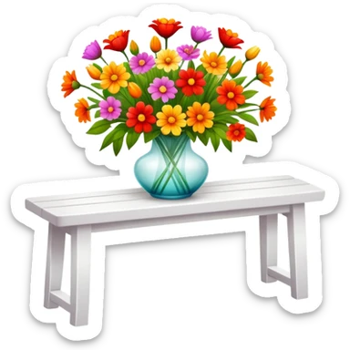 White benches with a romantic lush warm-colored flower vase on top of table sticker