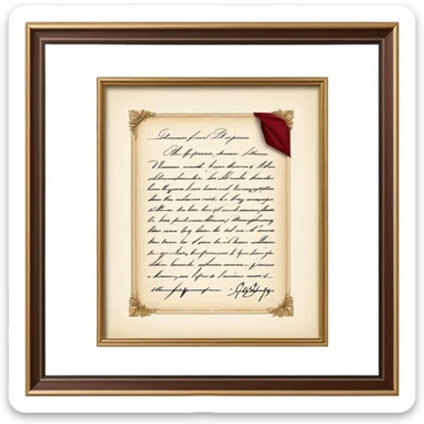 Icon for Autograph Collecting: a signed piece of paper or book page with a famous signature, surrounded by a collection of several framed autographs. Transparent background. sticker