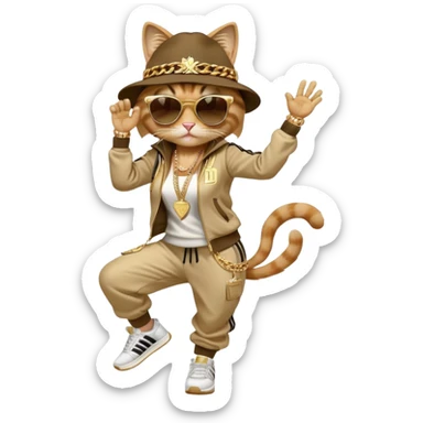 female cat in Run DMC hip-hop outfit with tracksuit, fedora, Adidas sneakers, dark sunglasses, many gold chains and bling accessories, doing a windmill break dance move sticker