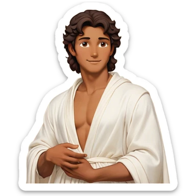 Cinematic Realistic Hercules Portrait, head tilted playfully and inquisitively, showcasing a charming blend of Disney heroic charisma and the refined grace of Michelangelo's David. His sun-kissed bronze skin and thick, wavy dark hair are rendered with classical precision, complementing a warm, inviting smile and sparkling, mischievous eyes. Clad in a softly draped white robe with subtle golden details, he exudes approachable strength under gentle, natural lighting. sticker