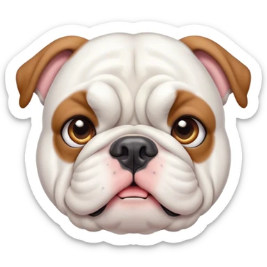 Cinematic Cute White English Bulldog Portrait Emoji, Head tilted playfully and inquisitively, featuring a silky pure white coat with a gentle sheen, round, sparkling brown eyes filled with curiosity, Simplified yet irresistibly adorable features, highly detailed, glowing with a warm, friendly glow, high shine, affectionate and charming, stylized with a touch of whimsy, bright and endearing, soft glowing outline, capturing the essence of a mischievous yet loving companion, so playful it feels like it could bound out of the screen and into your arms! sticker