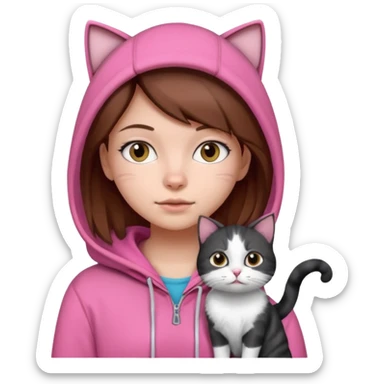 girl in pink hoodie and brown hair with a black and white cat sticker