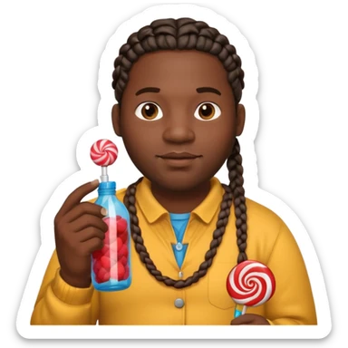 Big black man with braids hold a bottle and a lollipop sticker