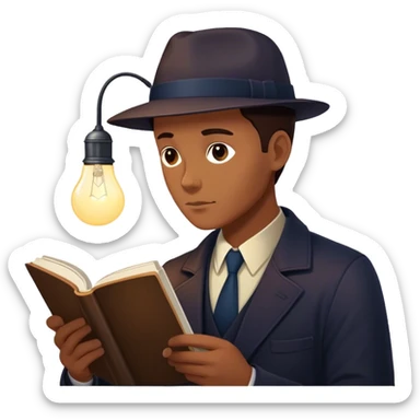  detective reads a book with a bold silhouette of a person on the cover, symbolizing a subject under investigation. The cover’s design is minimalist yet striking, hinting at mystery and deep research. A glowing lightbulb above the detective’s head signifies a moment of realization. sticker