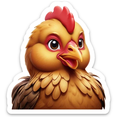Cinematic Cute Brown Chicken Portrait Emoji, Head tilted playfully and inquisitively, featuring a lustrous brown feathered coat with a natural sheen and a subtle red comb, round, sparkling beady eyes filled with curiosity, Simplified yet irresistibly adorable features, highly detailed, glowing with a warm, friendly glow, high shine, affectionate and lively, stylized with a touch of country charm, bright and endearing, soft glowing outline, capturing the essence of a mischievous yet loving chicken, so playful it feels like it could peck out of the screen and into your arms! sticker