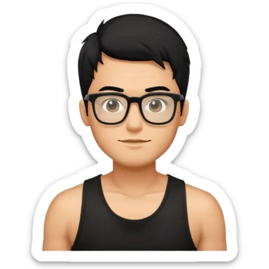 portrait of man, wearing a tank top, square glasses, black hair sticker