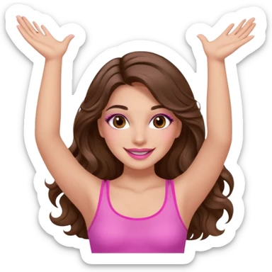girl with long wavy brown hair, brown eyes, long lashes makeup, sexy pink lips, light to medium complexion, wearing a pink sexy top, both hands in the air high sticker
