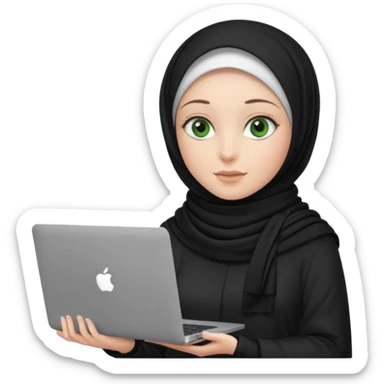 women with black scarf hijab , with green eyes  ,without hair, with macbook sticker