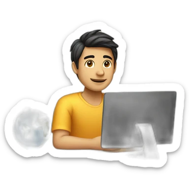 Un chico joven sentado esperando en un escritorio junto a una PC  sticker