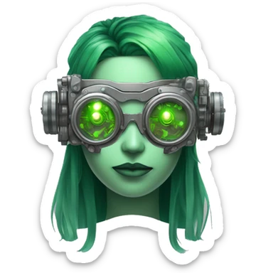 Green female cyborg head with green long hair, grey steampunk goggles and circuitry sticker