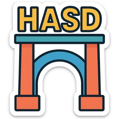 stylized bridge with the text 'HASD' standing on top, clear and readable, bold and prominent text, icon style sticker