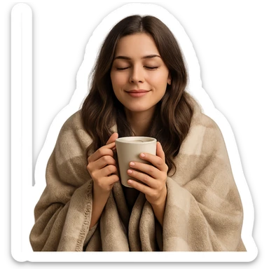 brunette girl wrapped in a blanket holding a coffee mug with eyes closed, cozy and relaxed sticker