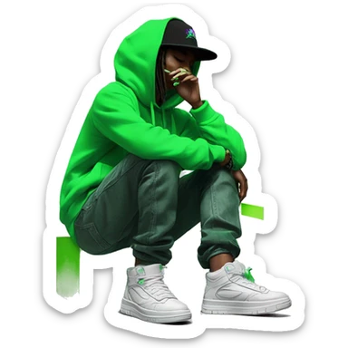 Multicoloured neon black and green graffiti person smoking wearing hoodie dancing hip hop bucket hat tropical Skater fashion aesthetic baggy clothes graphic t shirt 420 sticker