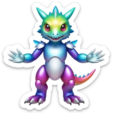white iridescent colorful metallic alloy gradient shiny glossy Fakémon-Digimon-creature-hybrid (full body) sticker