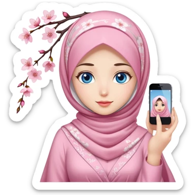 Turkish beautiful finish Konya girls blue eyes with lovely cherry blossom hijab long tail dress and she takes photo sticker