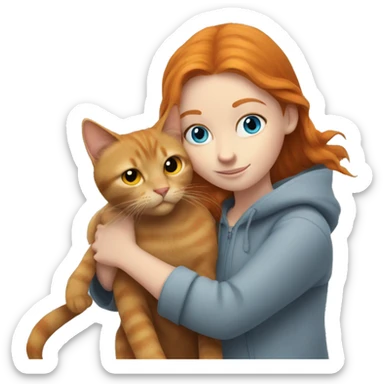 Ginger haired girl with blue eyes hugging a solid grey cat with yellow eyes sticker