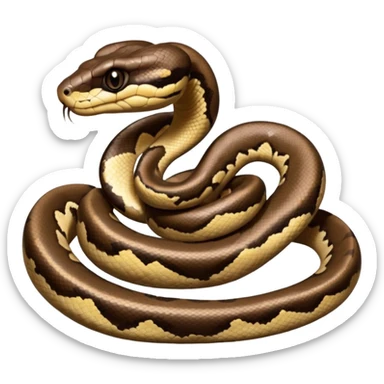 A photo-realistic digital illustration of a Ball Python, chest upward, with a short, rounded head, thick body, and a calm, curious expression. It has a warm brown base color with irregular dark blotches shaped like “alien heads,” and matte-textured scales that emphasize its small, stocky form. sticker