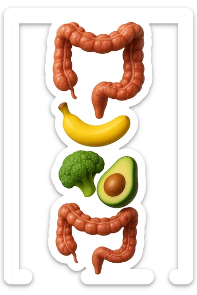 emoji stile iphone in 3d di cibo sano che fluttua in aria vericalmente insieme ùa pezzi di colon umano anatomico, iperrealistico 4k sticker
