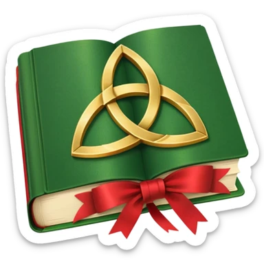 a green closed book with a golden triquetra on it with a red ribbon between the paged sticker