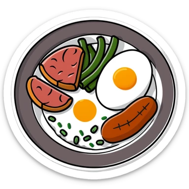 A colorful plate with protein foods: meat, egg, beans, tofu, and yogurt served together. sticker