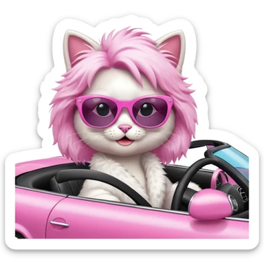 a cat in a pink convertible car, Barbie style sticker