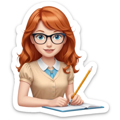 redheaded woman with long wavy hair and bangs, blue eyes, clear cat-eye glasses, short-sleeve apricot blouse, pencil skirt, holding a pencil, smiling sticker