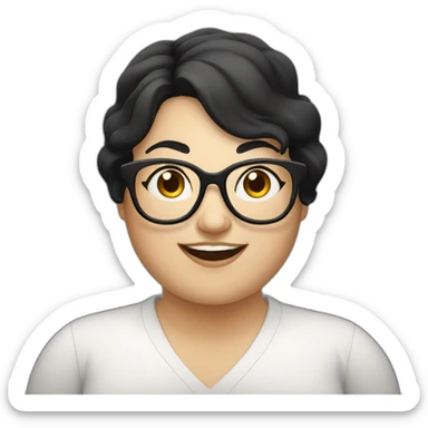 A chubby white woman with black hair glasses and smiling sticker