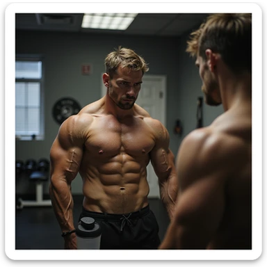 realistic extremely lean male bodybuilder for cutting, shirtless in front of mirror, less full muscles, visible veins, lean appearance, doubtful or frustrated look, gym with soft light, protein shaker on bench sticker