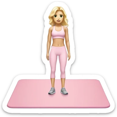 A blonde white girl in a light pink fitness suit with a full-length fitness mat sticker