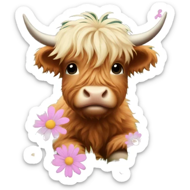 Baby highland cow flowers sticker