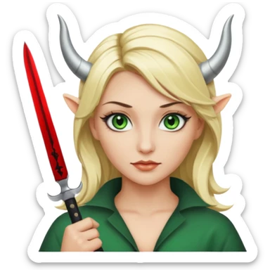 Emoji femme blonde cheveux blond, yeux vert avec de long cils noir qui a des cornes et tiens un couteau  sticker