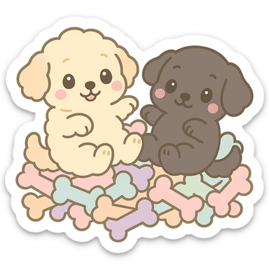 Make both dogs lay in a pile of treat bones, keeping the chibi kawaii style. Remove the grass and flowers, keep transparent background. sticker