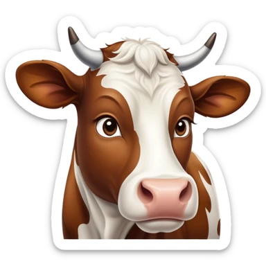 cinematic-noble-brown-and-white-cow-portrait-emoji,-poised-and-regal,-with-a-large,-sturdy-build-and-a-beautifully-patterned-hide-of-rich-brown-accented-by-crisp-white-patches,-deep-set-soulful-brown-eyes,-simplified-yet-sharp-and-sophisticated sticker