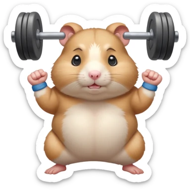 Cute cartoon-style chubby hamster standing upright, wearing a tiny sweatband, lifting oversized dumbbells with determined expression. Soft painterly shading, expressive eyes, white background, sticker-style illustration sticker