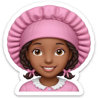 black girl smiling, wearing a pink bonnet sticker