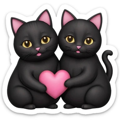 two fat cute black cats love, pink heart, closed mouth, black ears sticker