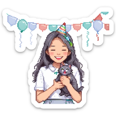 asian girl laughing, holding a grey cat, birthday party sticker