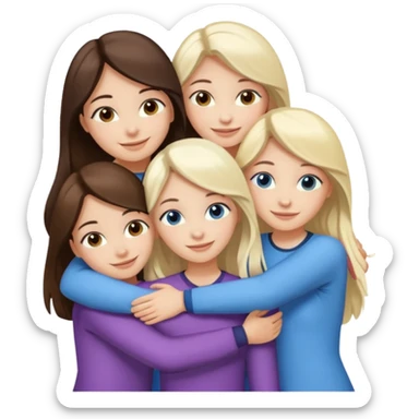 four white girlfriends hugging and smiling    2 girls with brown eyes and long dark brown hair. Two girls with blue eyes and light blonde hair sticker