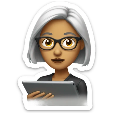 Woman with glasses thinking on an iPad sticker