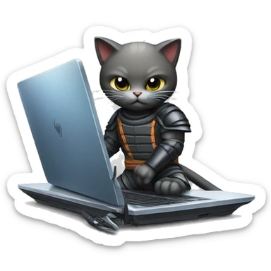 a ninja cat protecting a laptop computer. the cat has a sword and is standing in front of the laptop computer. highly detailed. sticker
