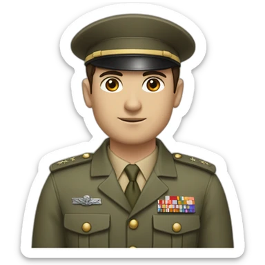 person with a small, thin mustache, dark hair combed to the side, prominent eyebrows, brown eyes, a large nose, a square chin, a pale complexion, wearing a military shirt sticker