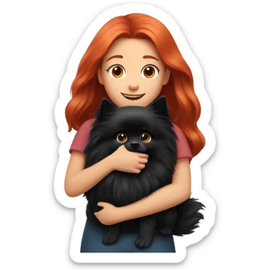 red-haired girl hugs a black pomeranian dog sticker