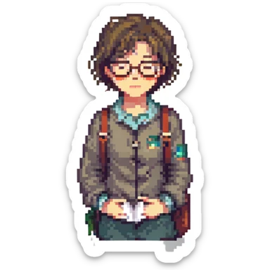 short-haired girl with a boyish style, tired face, wearing glasses, pixel art style sticker