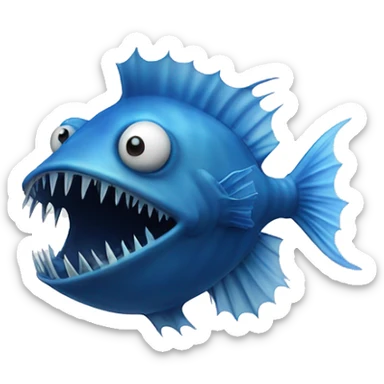 A blue angler fish with no lure and having blue smoke surrounding it facing front sticker
