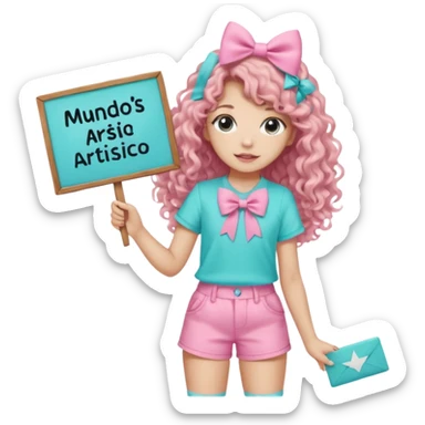 Crea una imagen mía kawai para stickers q tenga bonitos ojos cabello largo crespo color castaño claro y un hermoso moño rosa la blusa rosada y un hermoso chort color azul aguamarina y en sus manos un letrero q diga mundos Artistico Cc los zapatos estilo converse sticker