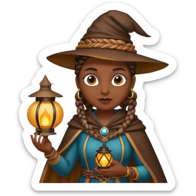 woodland emoji character, dark skin woman with braids dressed as owl mage, feather cape, holding lantern sticker